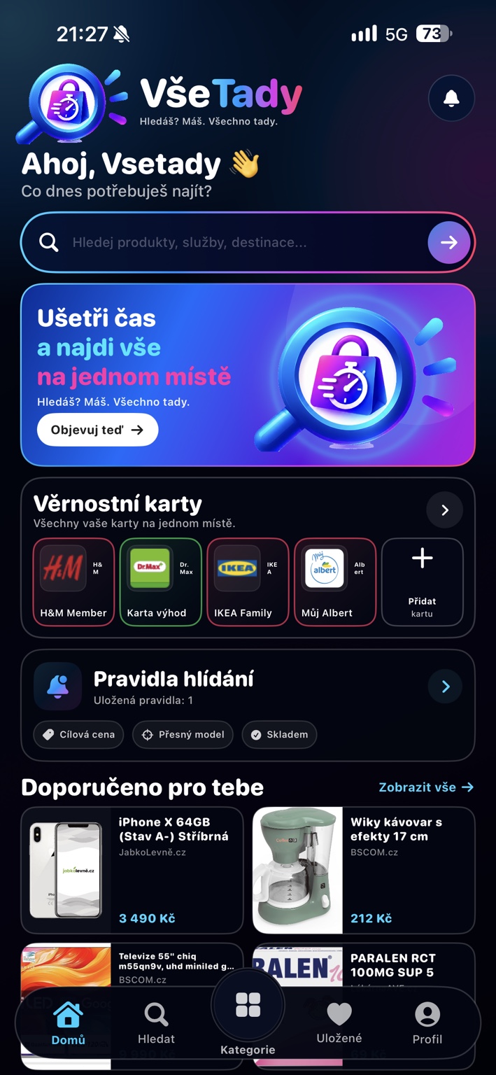 Skutečná úvodní obrazovka aplikace VšeTady